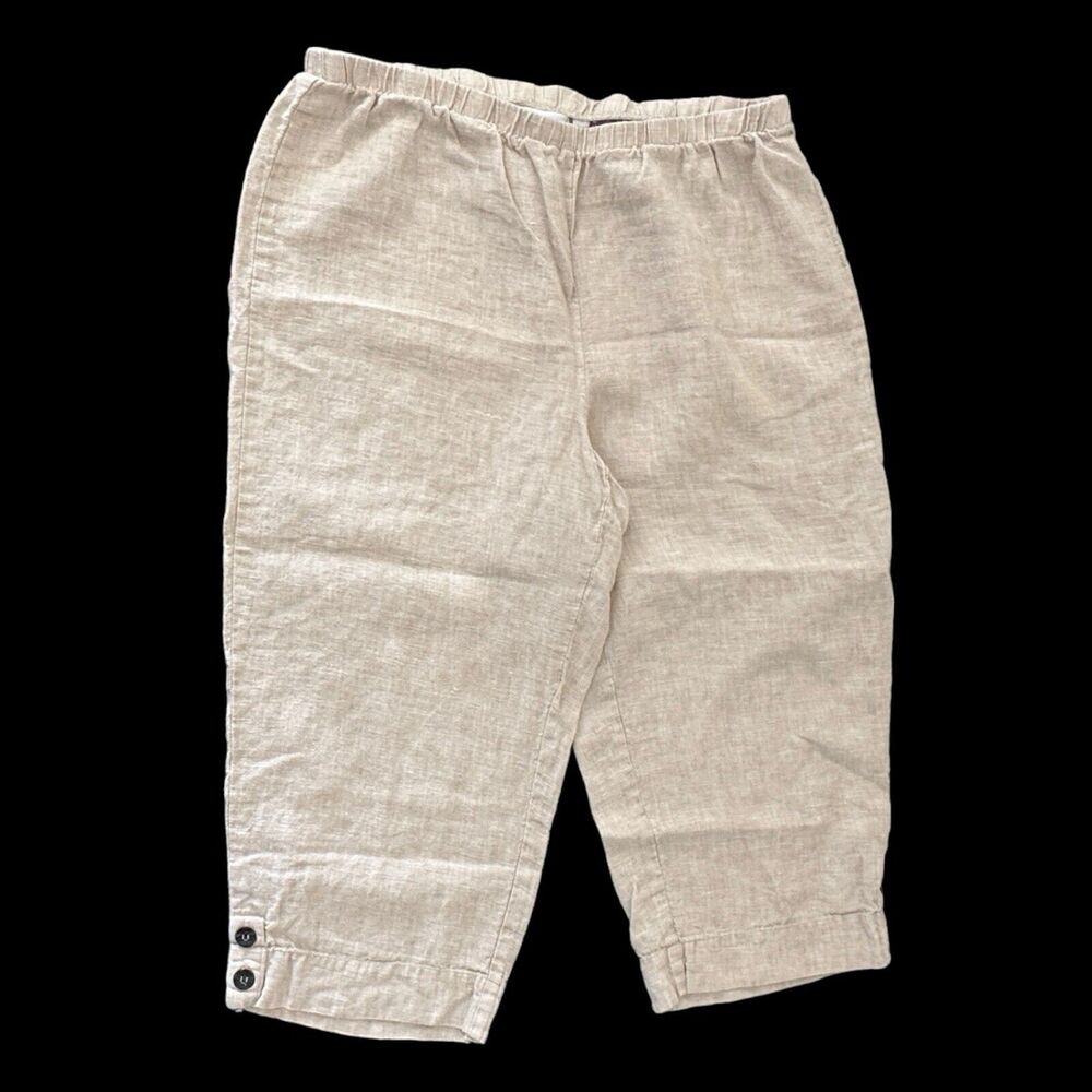 Marc Ware Linen Cropped Pants Womens Size L Beige Lagenlook Wide Leg Made Usa